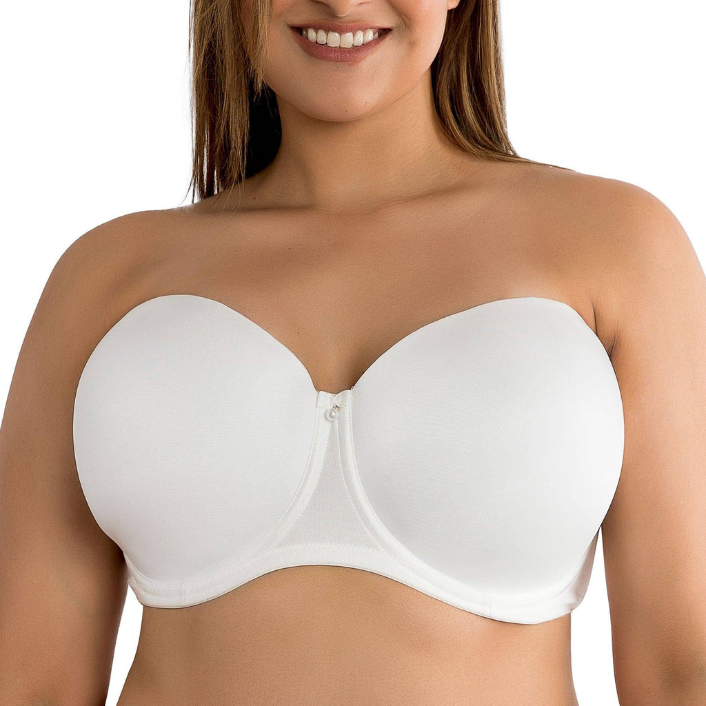 Pearl white Elise full bust strapless bra by Parfait Lingerie, front view showing smooth cups and supportive design.