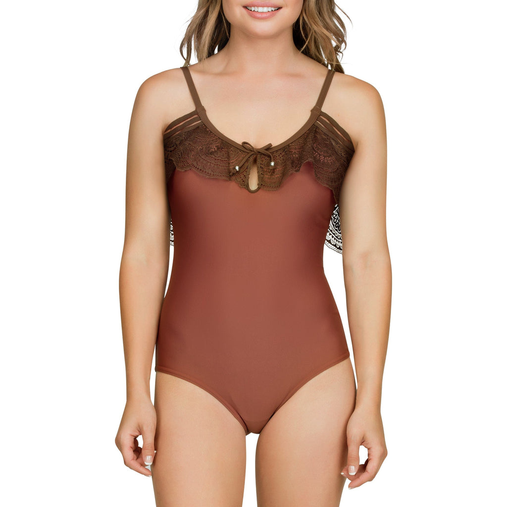 Parfait Lingerie PARFAIT Pure S8126 Womens One Piece Swimsuit Ruffle Keyhole Design - Terracotta