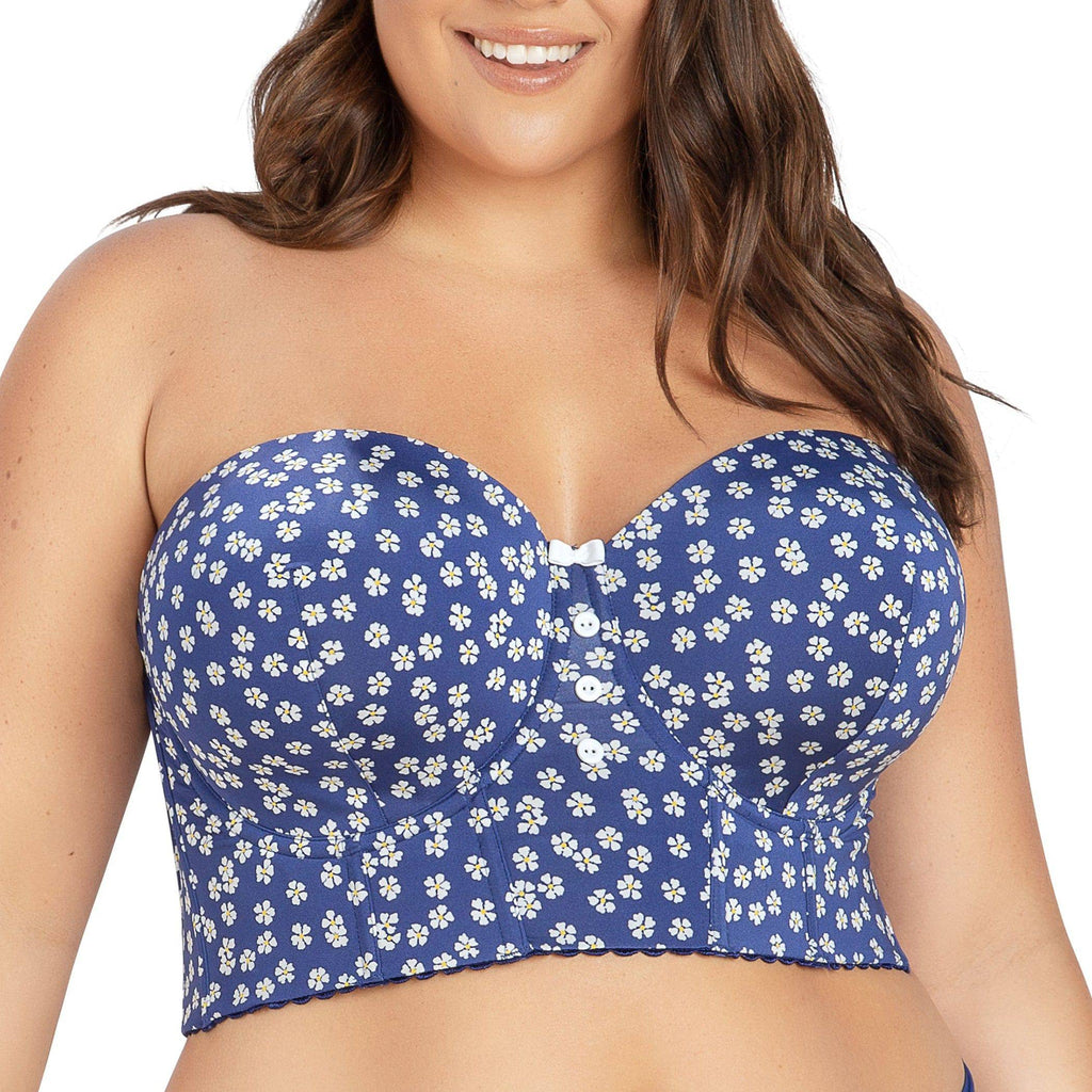 Blue Daisy Dolly longline strapless bustier by Parfait Lingerie, front view showing lace details and floral pattern.