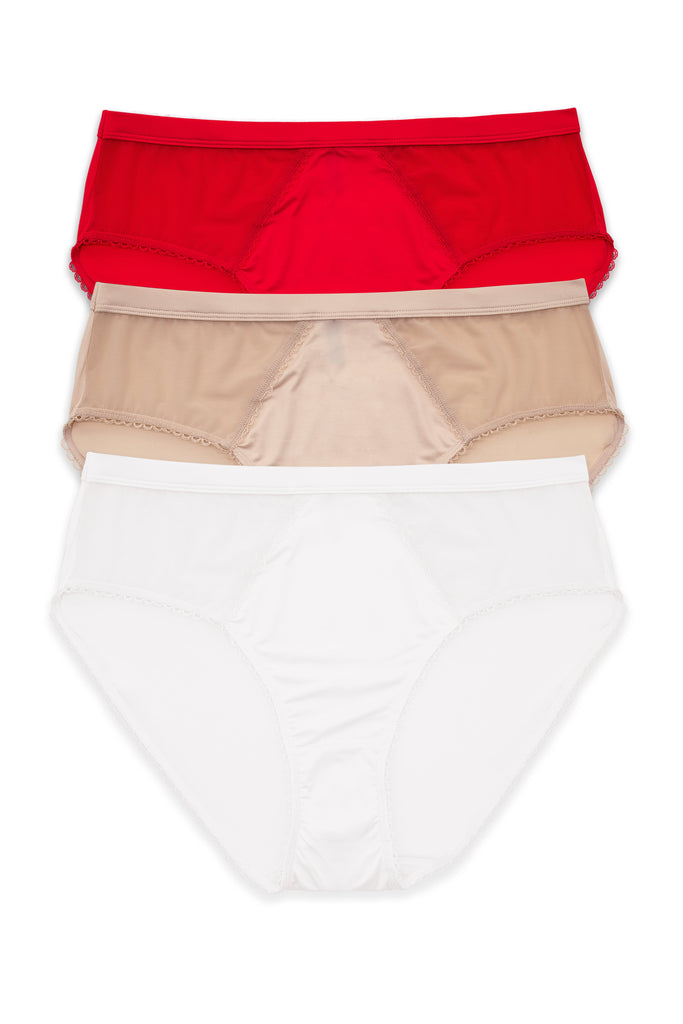 Parfait Lingerie PARFAIT Micro Dressy PP306 French Cut High Waisted Sexy Sheer Panties (3 Pack) - Cameo Rose/Pearl White/Racing Red