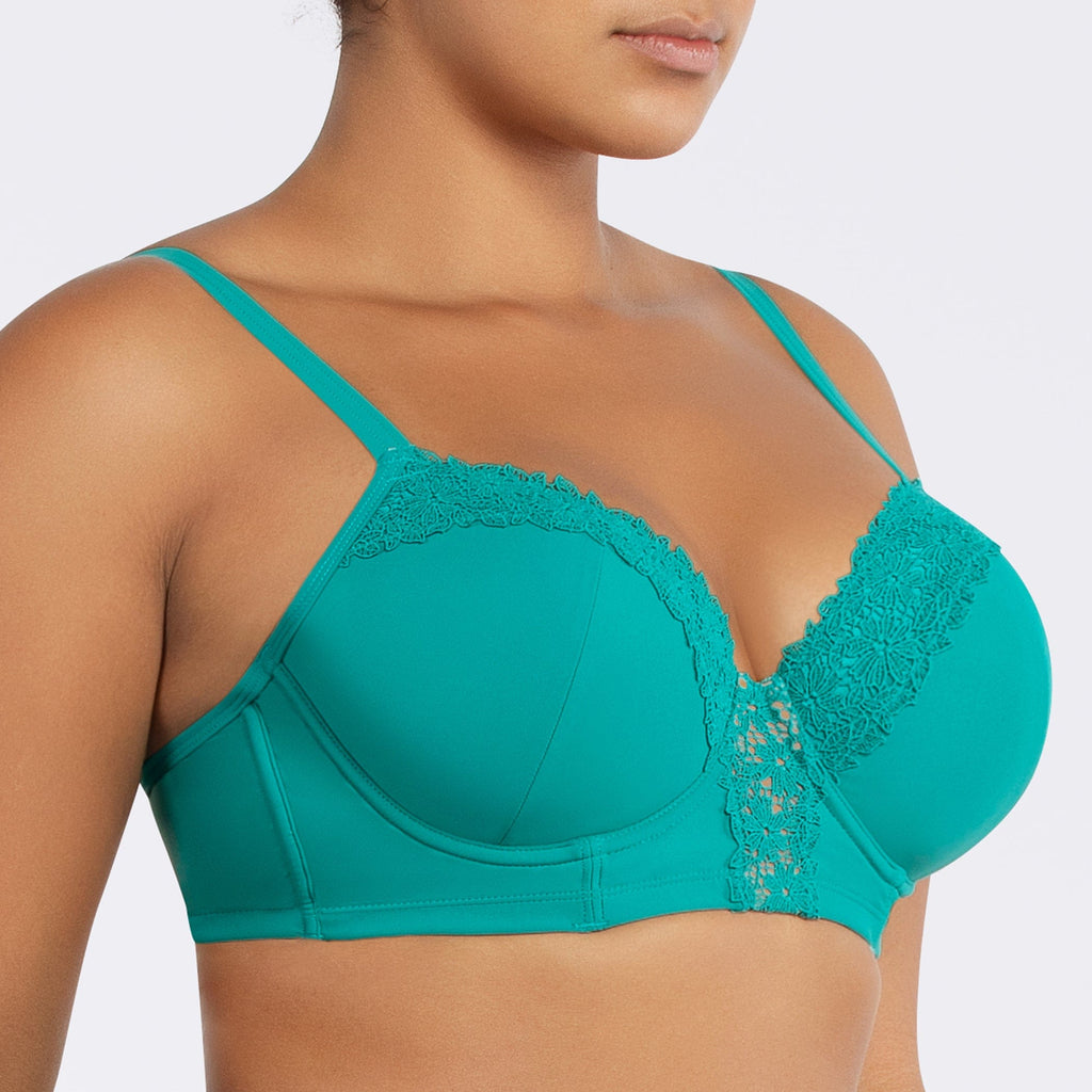Dark mint Brigitte demi cup underwire balconette longline bikini top by Parfait Lingerie with embroidery detail, front view.