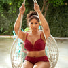 Parfait Brigitte demi cup underwire balconette longline bikini top with embroidery detail in Rumba Red, shown on a model.