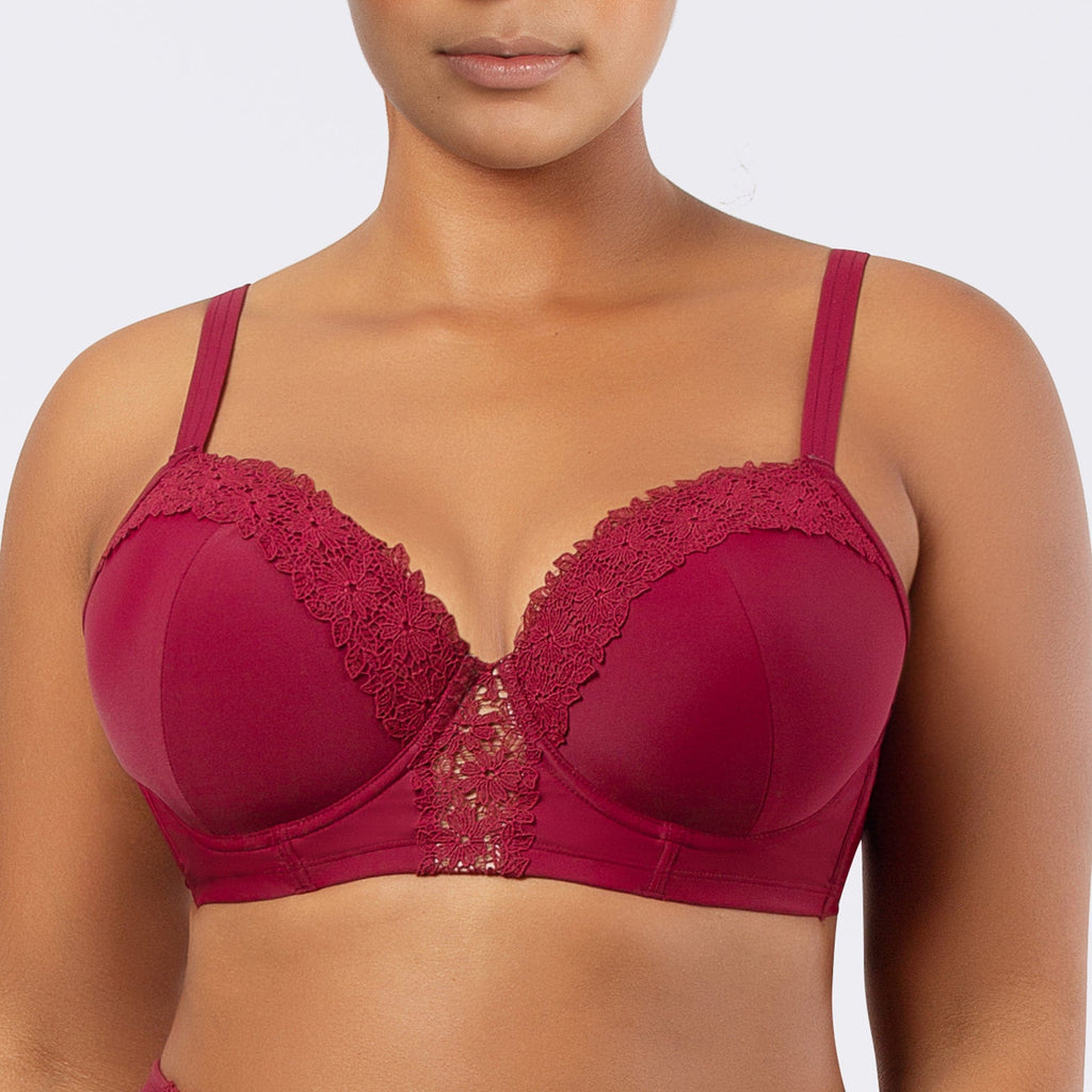 Parfait Brigitte demi cup underwire balconette longline bikini top with embroidery detail in Rumba Red, front view.