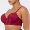 Parfait Brigitte demi cup underwire balconette longline bikini top with embroidery detail in Rumba Red, shown from side view.