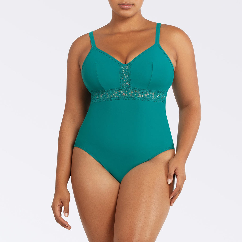 Dark mint Brigitte V-neck one-piece swimsuit by Parfait Lingerie with lace detail, shelf bra, and full coverage.