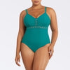 Dark mint Brigitte V-neck one-piece swimsuit by Parfait Lingerie with lace detail, shelf bra, and full coverage.