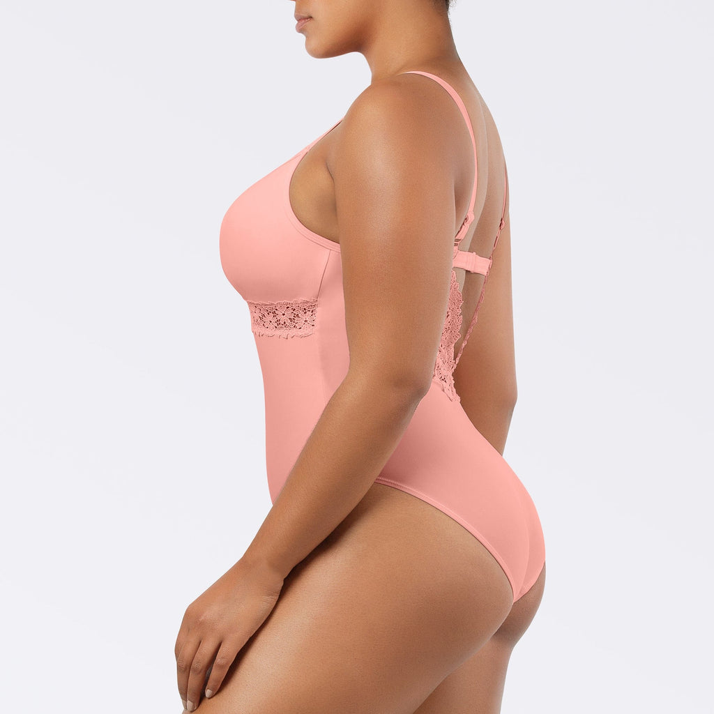 Parfait Lingerie Brigitte V-neck one-piece swimsuit with lace detail, shelf bra, and full coverage in Peach Bud, front view