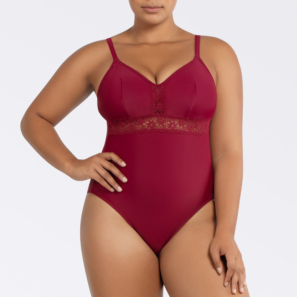 Parfait Lingerie PARFAIT Brigitte S8206 V-Neck One Piece Swimsuit with Lace Detail, Shelf Bra, and Full Coverage Fit - Rumba Red