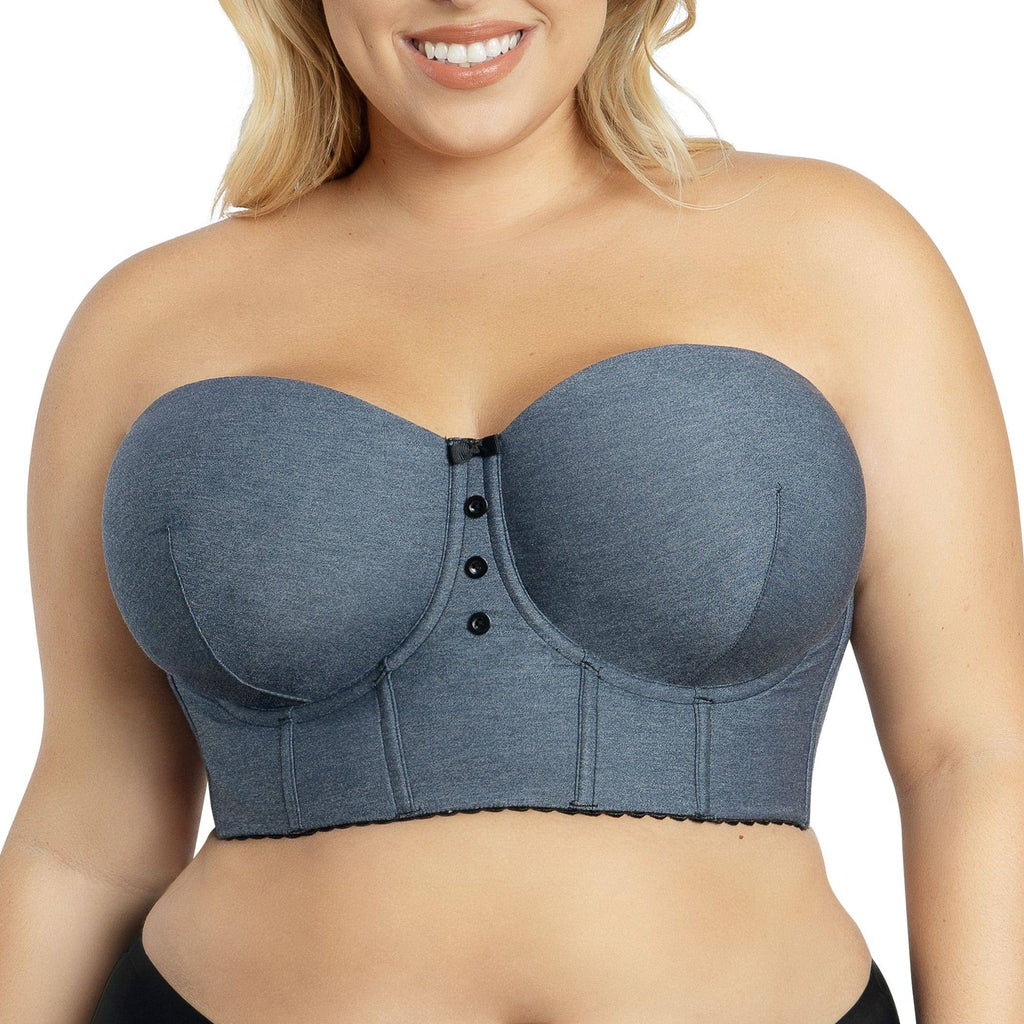 Dark blue Dolly denim longline strapless bustier by Parfait Lingerie, front view showcasing fitted design and denim fabric.
