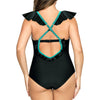 Parfait Lingerie PARFAIT Farah S8096 High Apex One Piece Swimsuit with Deep V Neck and Frill Detail - Black W Emerald