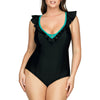 Parfait Lingerie PARFAIT Farah S8096 High Apex One Piece Swimsuit with Deep V Neck and Frill Detail - Black W Emerald