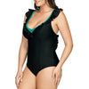 Parfait Lingerie PARFAIT Farah S8096 High Apex One Piece Swimsuit with Deep V Neck and Frill Detail - Black W Emerald