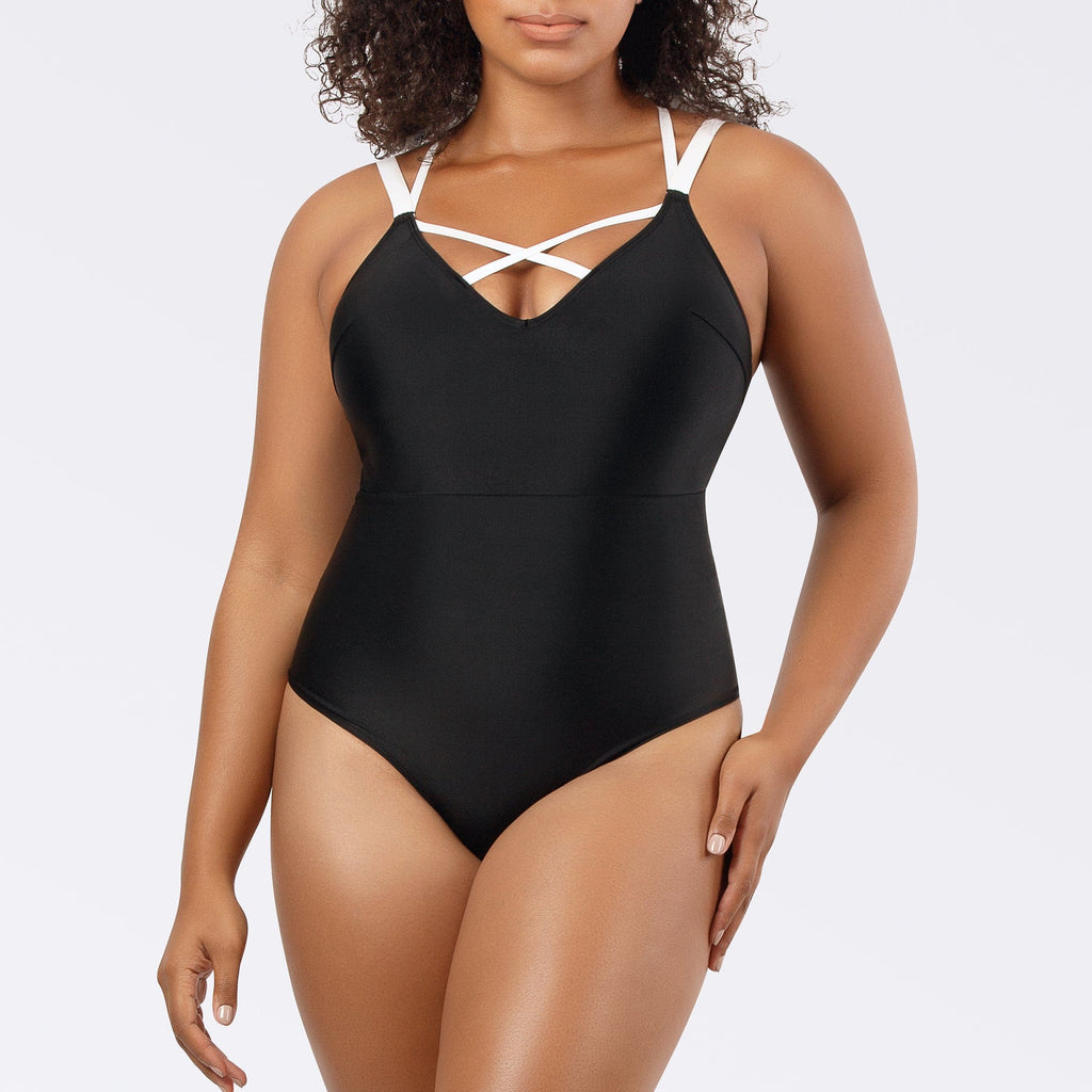 Black Lauren wireless bikini top with shelf bra and deep U-back, featuring white accents, by Parfait Lingerie.