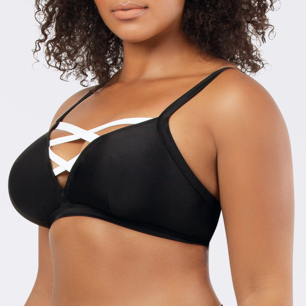 Black Parfait Lingerie Lauren wireless triangle bikini top with strappy back and removable padding, front view.