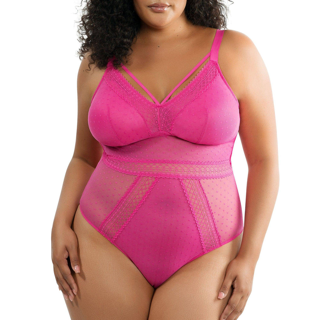 Bright pink Mia wire-free full bust bodysuit by Parfait Lingerie, featuring padded mesh fabric and a seamless front design.