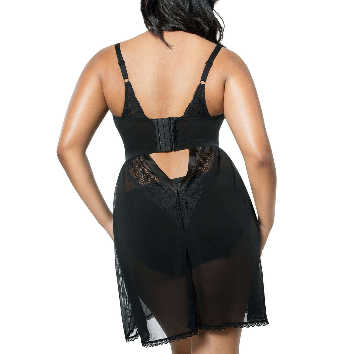Black Mia Lace Chemise by Parfait Lingerie with delicate lace detail and a back view featuring a smooth, wire-free design.