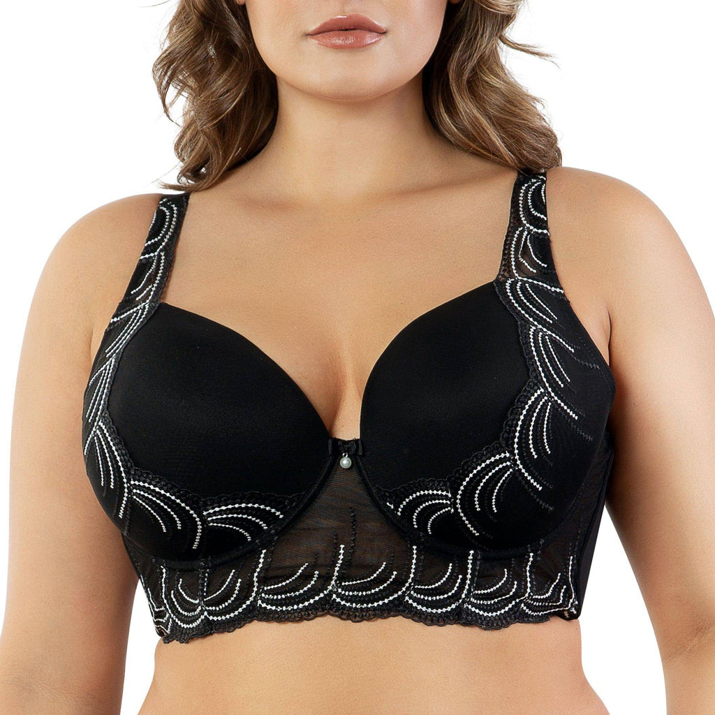 Black Pearl full bust longline plunge bra by Parfait Lingerie with lace details and supportive underwire, shown from the front.