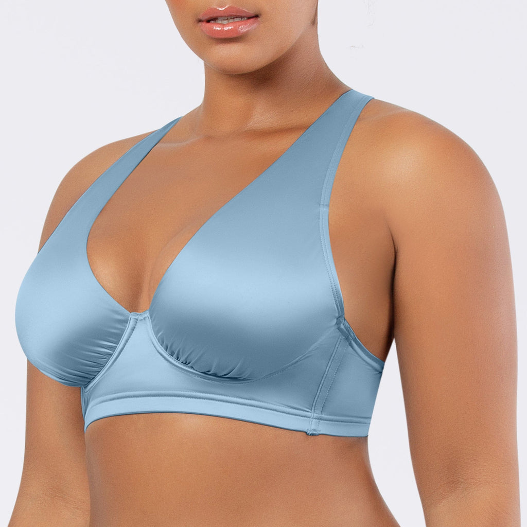 Parfait Lingerie Rita longline bikini top with cross back straps and shirred contour cups in Dream Blue, front view.