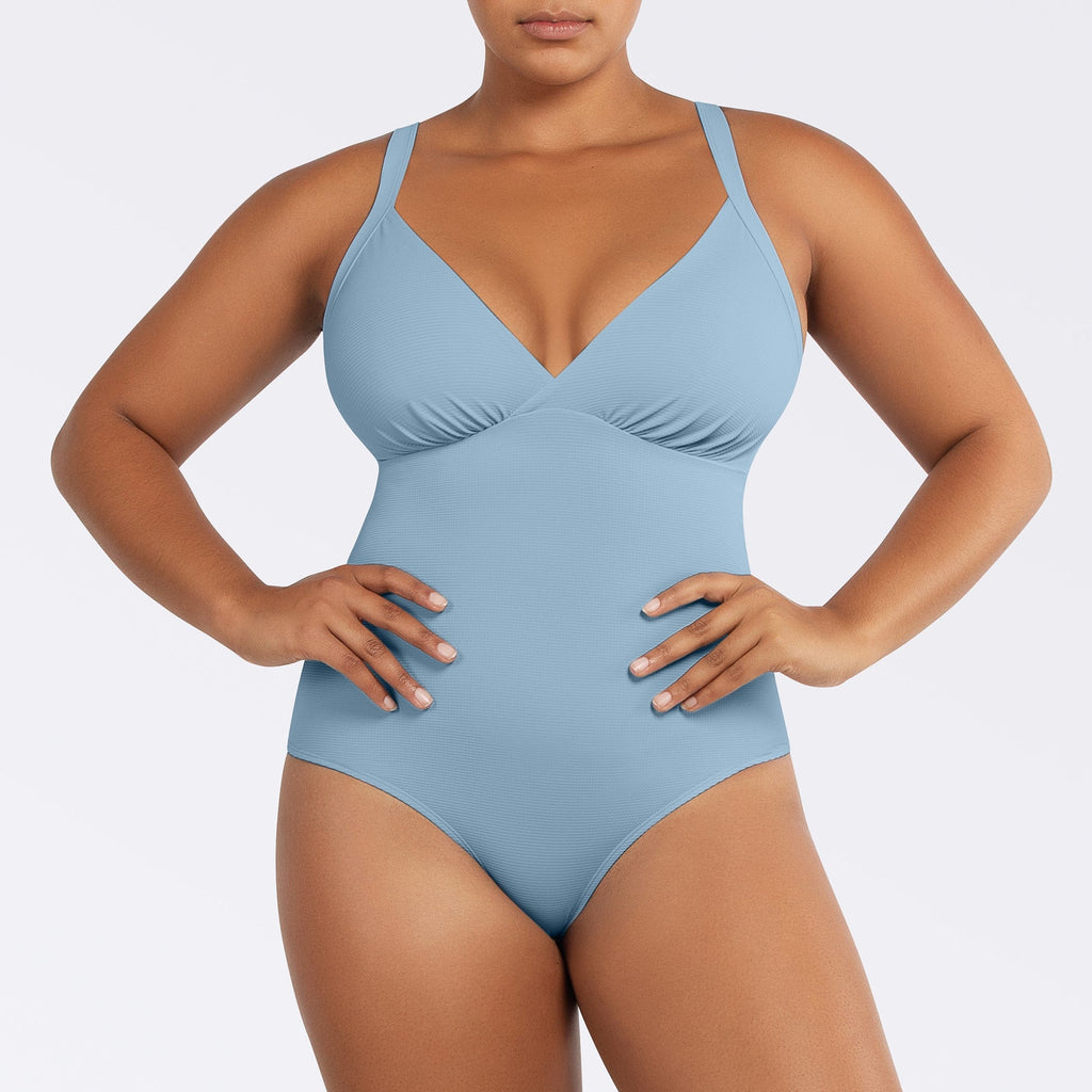Parfait Lingerie PARFAIT Vivien S8167 One Piece Swimsuit with Shelf Bra, Shirred Detail and Bow Back Design - Dream Blue