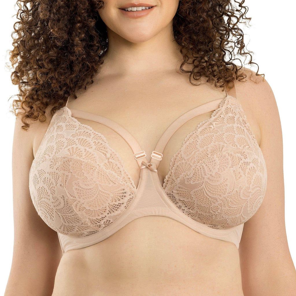 Olivia unlined plunge bra by Parfait Lingerie in Cameo Rose with delicate lace details and smooth cups on a white background.