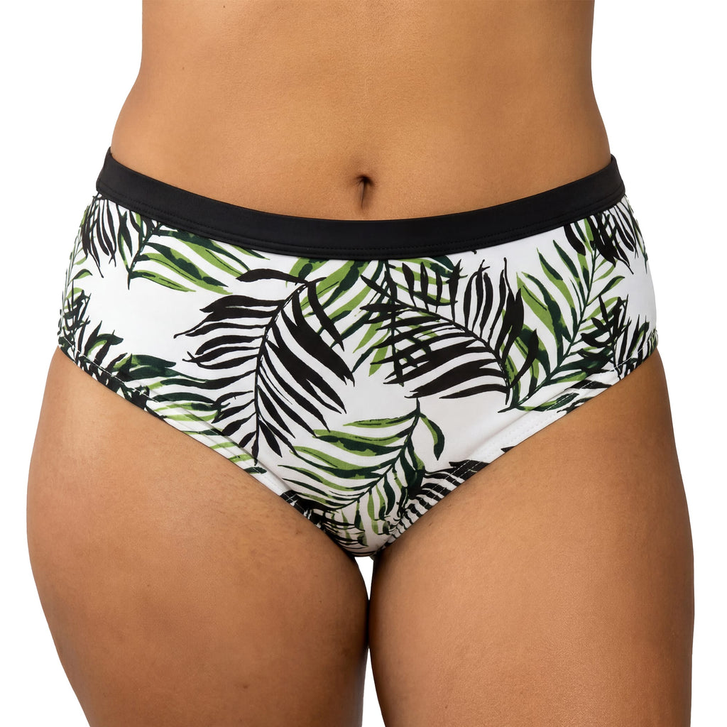 Christy microfiber hipster bikini bottom in wild leaves print by Parfait Lingerie, comfortable stretch fit, front view.
