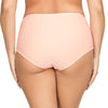 Peach Keira high-waist bikini bottom with crochet lace panels and front bow from Parfait Lingerie, shown from the back.