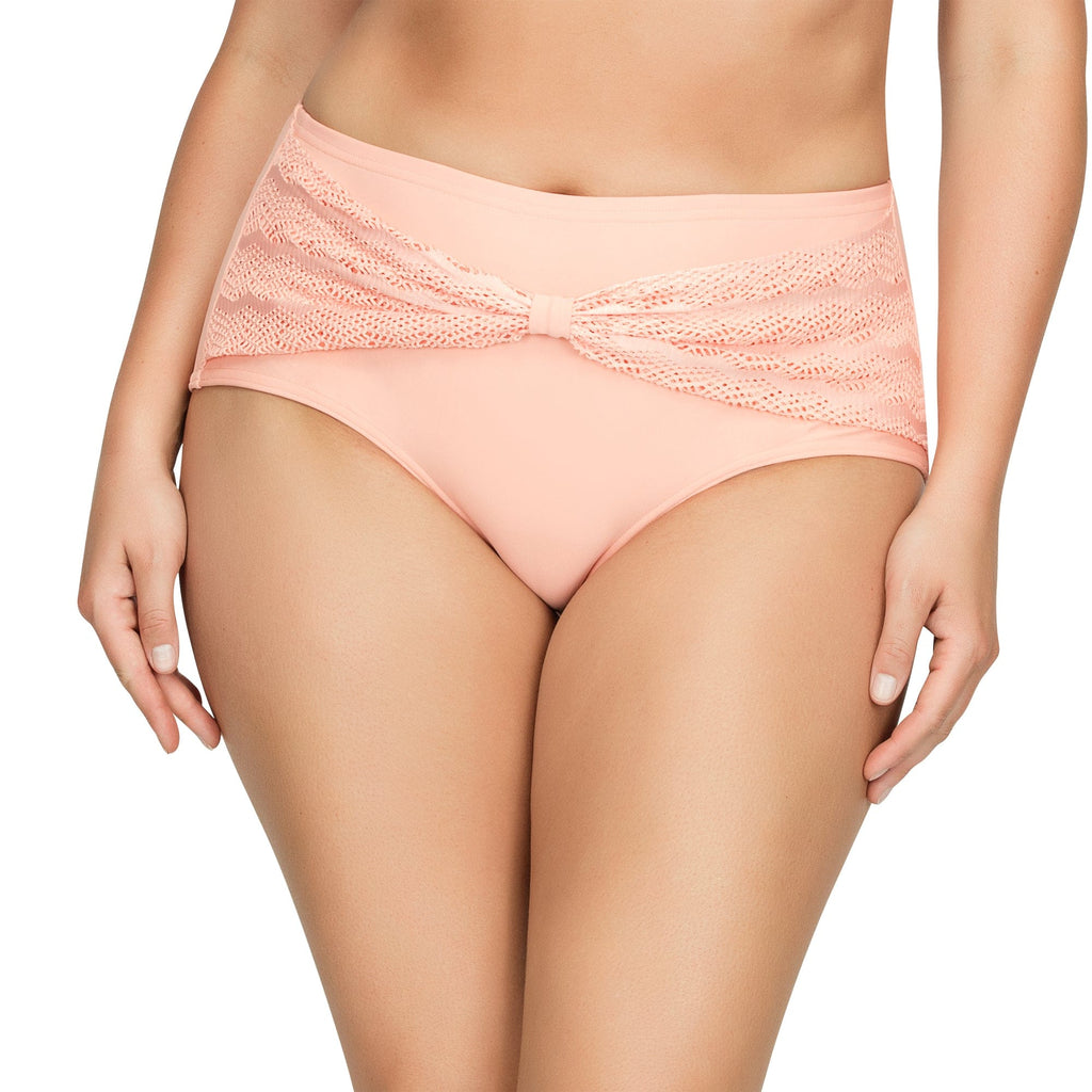 Peach Keira high-waist bikini bottom by Parfait Lingerie with crochet lace panels and a front bow detail.
