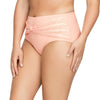 Peach Keira high-waist bikini bottom by Parfait Lingerie with crochet lace panels and front bow, shown from side view.