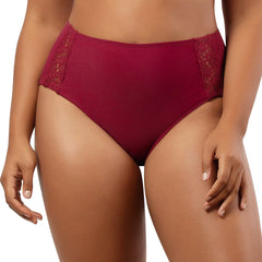 Front view of Parfait Lingerie Brigitte high-waist bikini bottom in Rumba Red, showcasing its stylish fit and vibrant color.