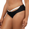 Black Lauren high waist bikini bottom with white contrast panels, sculpting fit, by Parfait Lingerie, shown from the side.